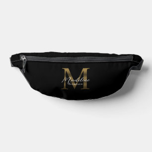 Minimal Script Metallic Black Gold Monogram Fanny Pack