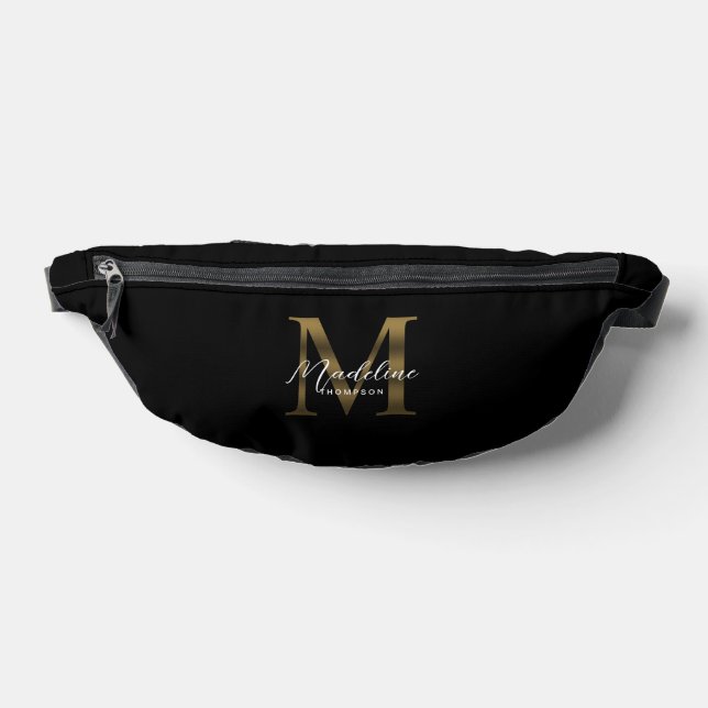 Minimal Script Metallic Black Gold Monogram Fanny Pack (Lay Down)
