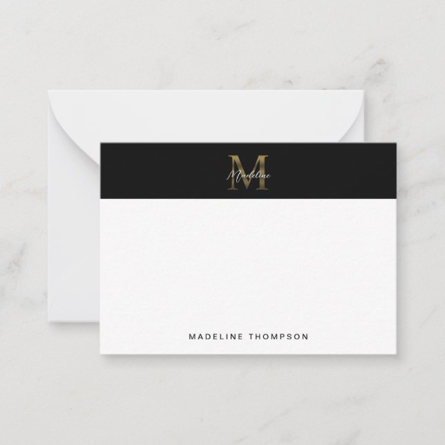 Minimal Script Metallic Black Gold Monogram Note Card (Front)