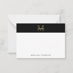 Minimal Script Metallic Black Gold Monogram Note Card