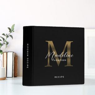 Minimal Script Metallic Black Gold Monogram Recipe 3 Ring Binder