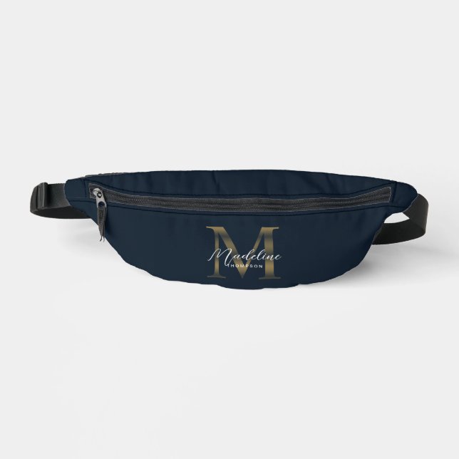 Minimal Script Metallic Navy Blue Gold Monogram Fanny Pack (Front)