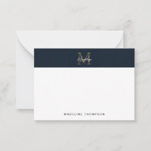 Minimal Script Metallic Navy Blue Gold Monogram Note Card
