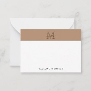 Minimal Script Metallic Taupe Gold Monogram Note Card