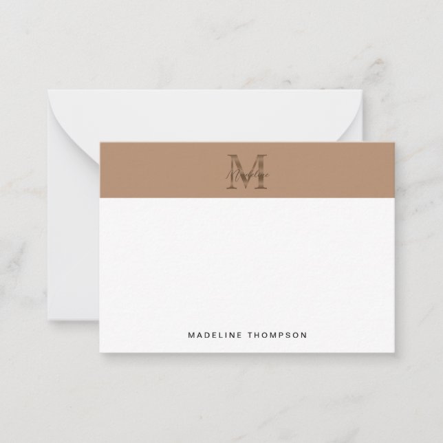 Minimal Script Metallic Taupe Gold Monogram Note Card (Front)