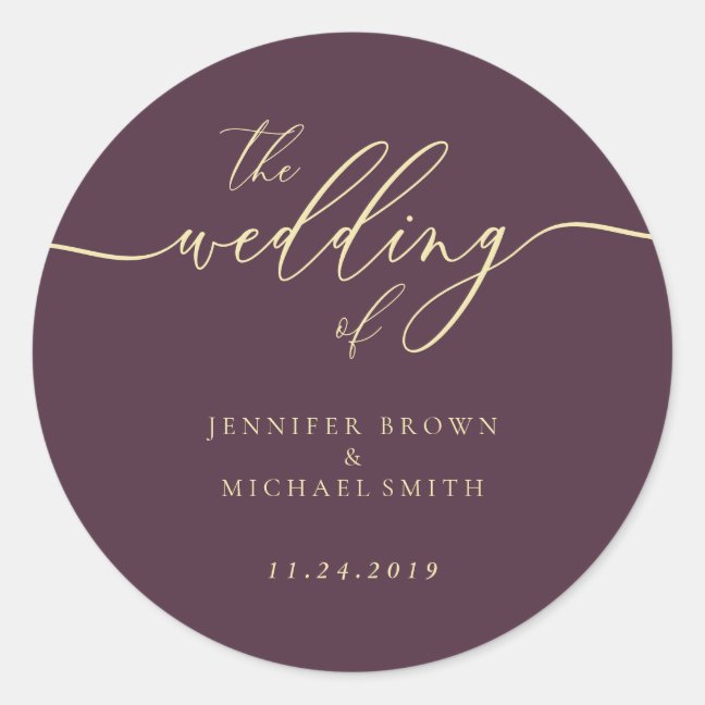 Minimal Script Midnight Fig Wedding Classic Round Sticker