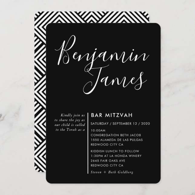 MINIMAL SCRIPT modern Bar Mitzvah black white Invitation (Front/Back)
