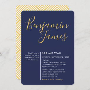 MINIMAL SCRIPT modern Bar Mitzvah navy blue gold Invitation