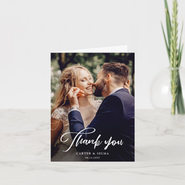 Minimal Script Modern Photo Wedding Letterpress Thank You Card (Front)