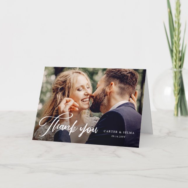 Minimal Script Modern Photo Wedding Letterpress Thank You Card (Front)