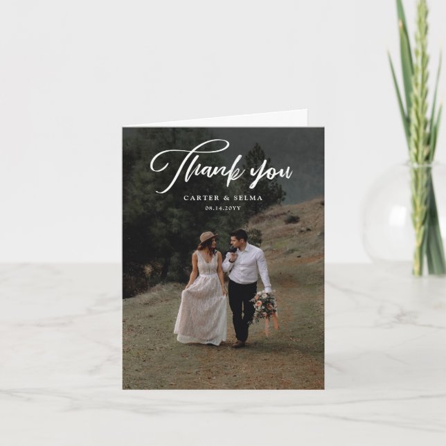 Minimal Script Modern Photo Wedding Thank You Card (Front)