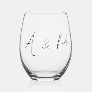 Minimal Script Monogram Boho Wedding Black White Stemless Wine Glass