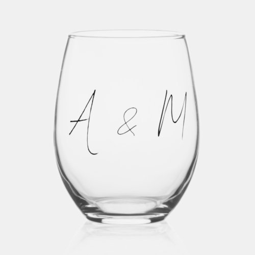 Minimal Script Monogram Boho Wedding Black White Stemless Wine Glass