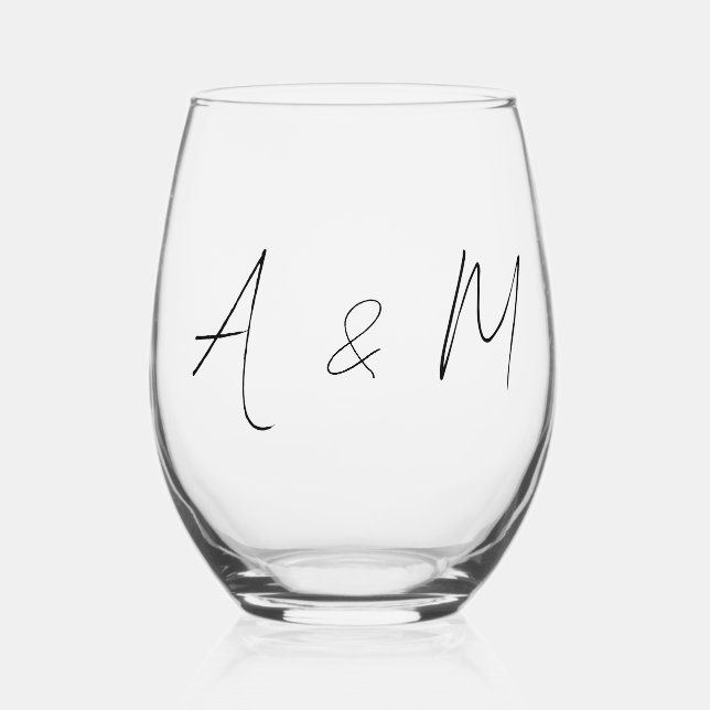 Minimal Script Monogram Boho Wedding Black White Stemless Wine Glass (Front)