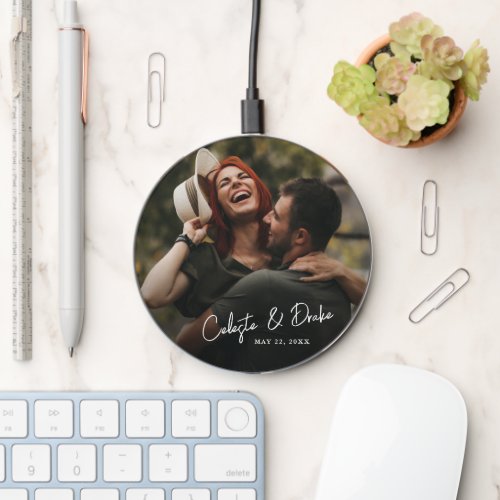 Minimal Script Name Couples Photo Wireless Charger