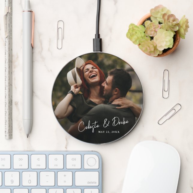 Minimal Script Name Couples Photo Wireless Charger (Desk)