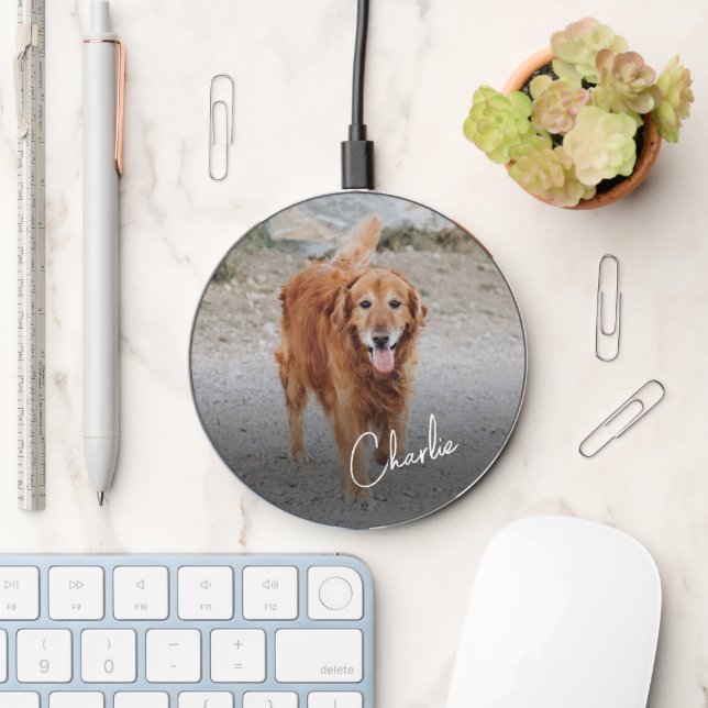 Minimal Script Name Pet Photo Wireless Charger (Desk)