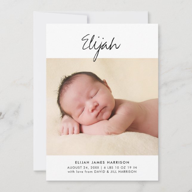 Minimal Script Name Photo Birth Announcement (Front)