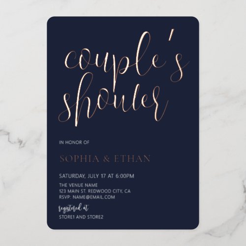 Minimal Script Navy Blue Couples Shower Foil Invitation