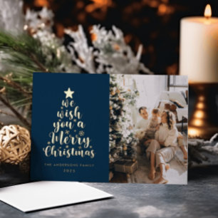 Minimal Script Navy Blue Merry Christmas  Foil Foil Holiday Card