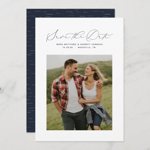 Minimal script navy blue simple photo save the date