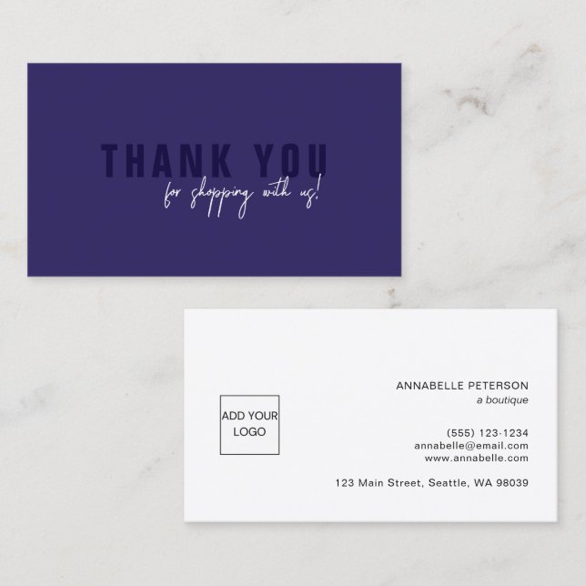 Minimal Script Navy Blue Thank You Logo Business Card (Front/Back)