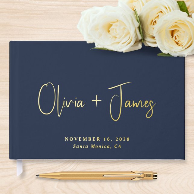 Minimal Script Navy Blue Wedding Foil Guest Book (Creator Uploaded)