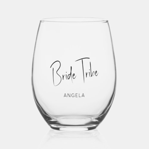 Minimal Script Personalized Bride Tribe Wedding Stemless Wine Glass
