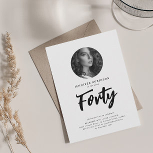 Minimal Script Photo 40th Birthday Black White Invitation