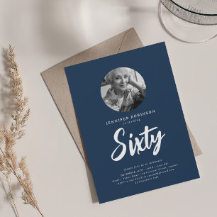 Minimal Script Photo 60th Birthday Party Navy Blue Invitation