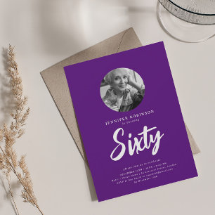 Minimal Script Photo 60th Birthday Party Purple Invitation