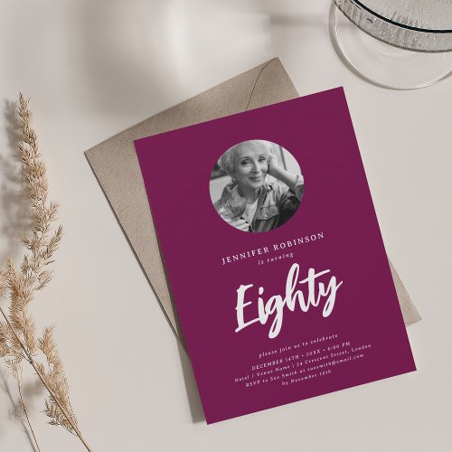 Minimal Script Photo 80th Birthday Party Magenta  Invitation