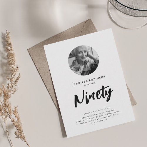 Minimal Script Photo 90th Birthday Black White  Invitation