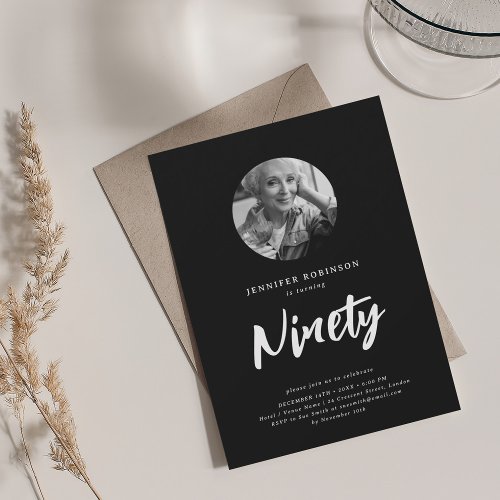 Minimal Script Photo 90th Birthday Party Black  Invitation