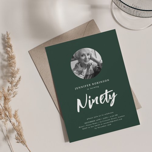 Minimal Script Photo 90th Birthday Party Emerald  Invitation