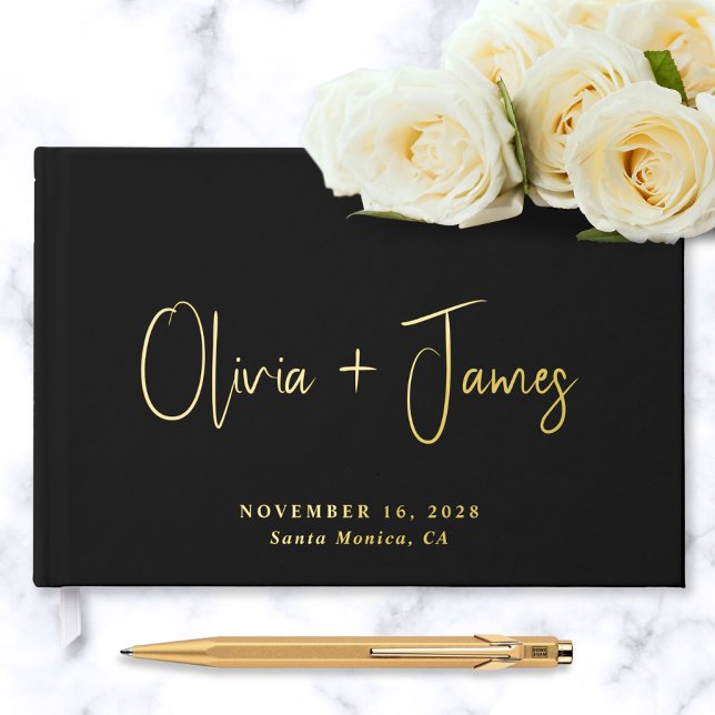 Minimal Script Photo Black Wedding Foil Guest Book (Creator Uploaded)