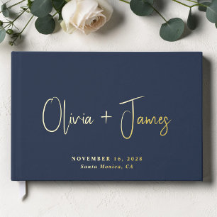 Minimal Script Photo Blue Wedding Foil Guest Book