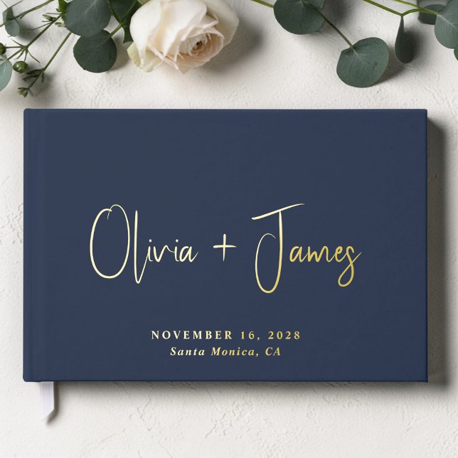 Minimal Script Photo Blue Wedding Foil Guest Book (Minimal Script Photo Blue Wedding Foil Guest Book)