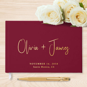 Minimal Script Photo Burgundy Wedding Foil Guest Book
