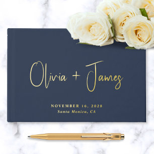 Minimal Script Photo Navy Blue Wedding Foil Guest Book