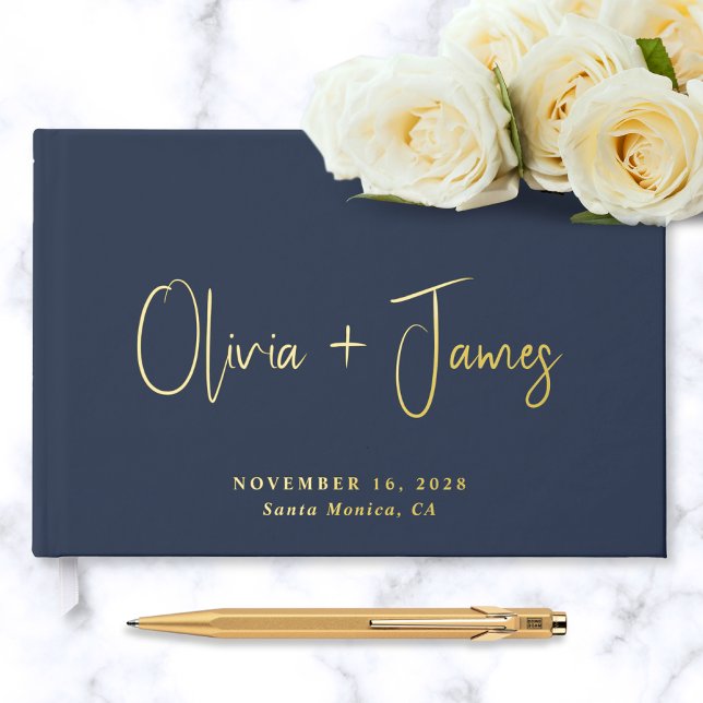 Minimal Script Photo Navy Blue Wedding Foil Guest Book (Creator Uploaded)
