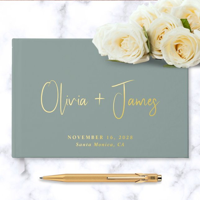Minimal Script Photo Sage Green Wedding Foil Guest Book (Creator Uploaded)