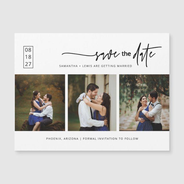 Minimal Script Photo Save the Date Magnetic Card (Front)