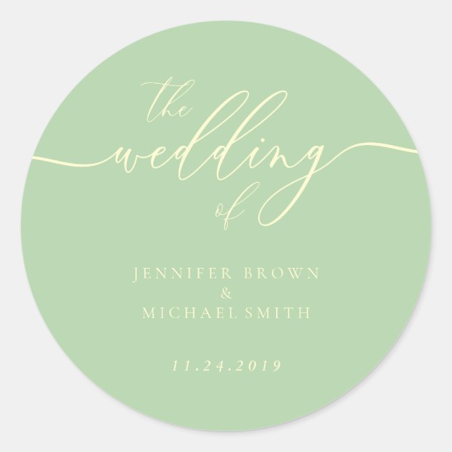 Minimal Script Pistachio & Cream Wedding Classic Round Sticker