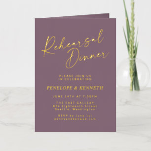 Minimal Script Purple Plum Gold Rehearsal Dinner Foil Greeting Card