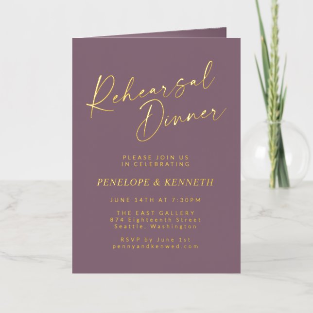 Minimal Script Purple Plum Gold Rehearsal Dinner Foil Greeting Card (Front)