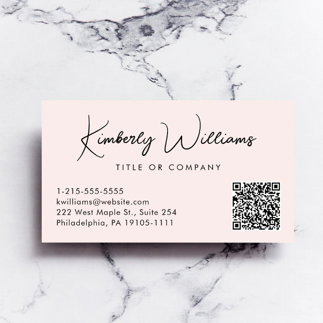 Minimal Script QR Code Pink Business Card (Empower your name in our signature script as your logo and brand identity)