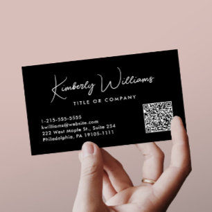 Minimal Script QR Code Professional Black Business Card