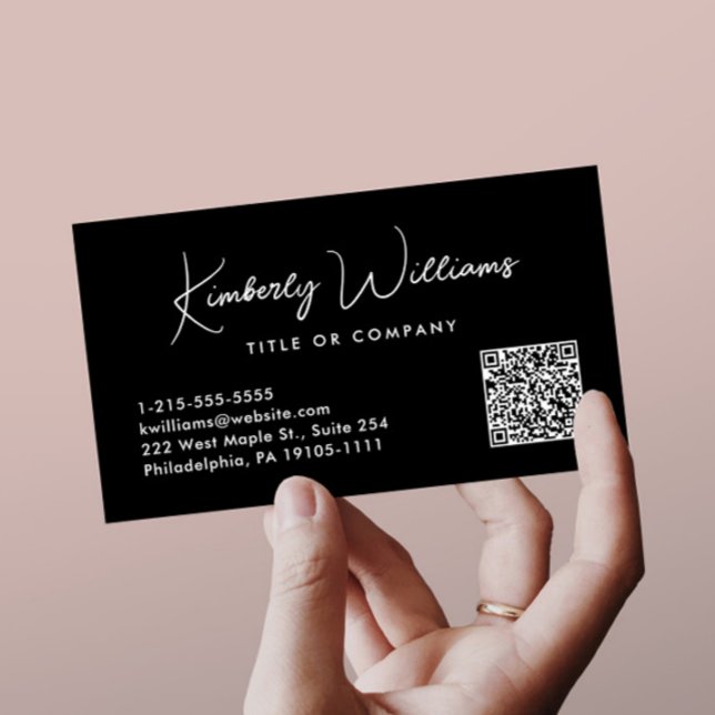 Minimal Script QR Code Professional Black Business Card (Showcase your name in our signature script as your logo and brand identity)