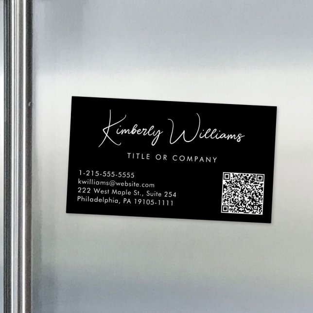 Minimal Script QR Code Professional Black Business Card Magnet (Creator Uploaded)